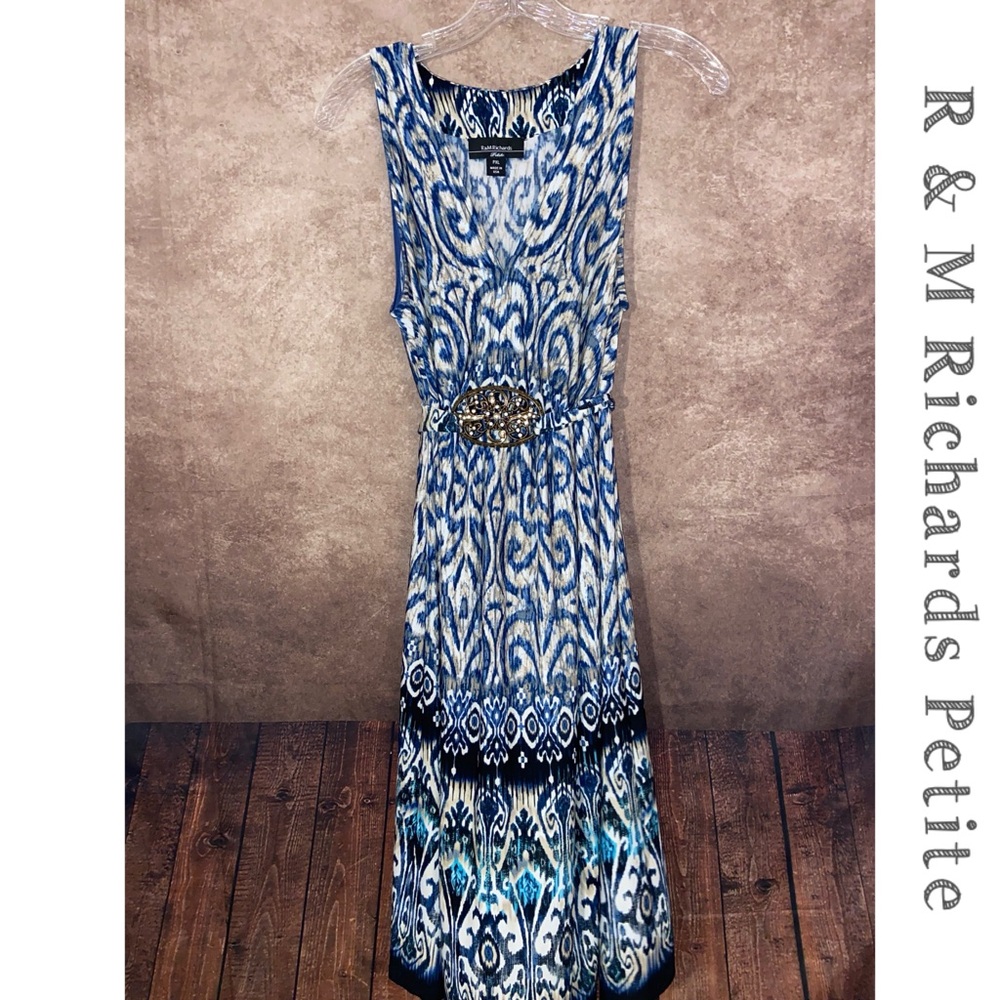R&M Richards Petite XL dress~fit and Flare maxi~tie waist with buckle detail~EUC